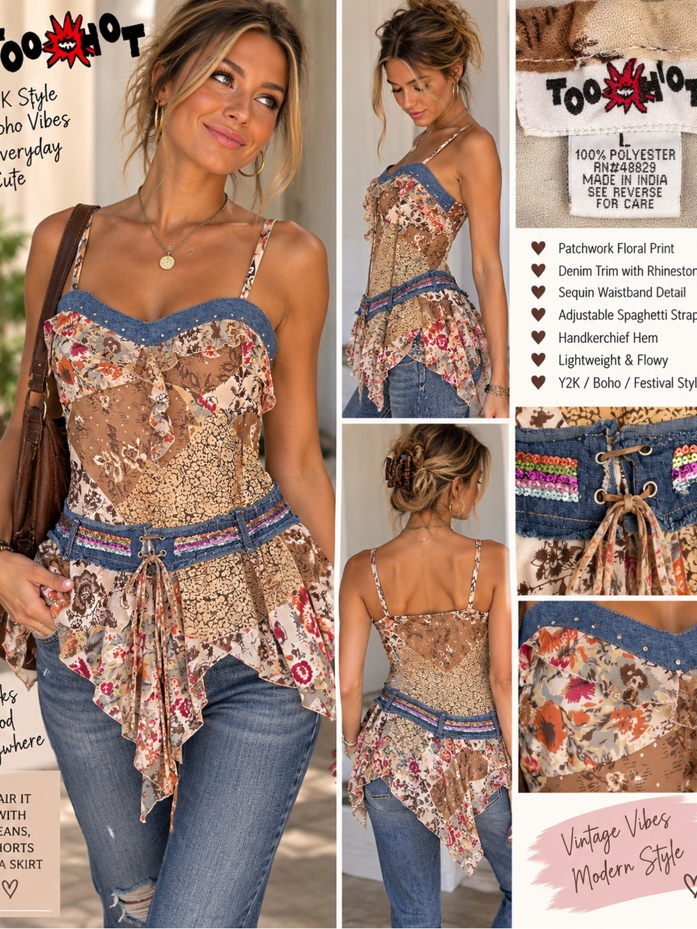 Too Hot Y2K Patchwork Handkerchief Hem Cami Top Denim Sequin L